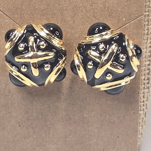 Vintage Joan Rivers Clip On Earrings Gold Tone Black Enamel Square Classic